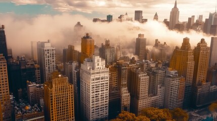 Fototapeta premium Foggy morning skyline of manhattan: architectural grandeur and urban serenity