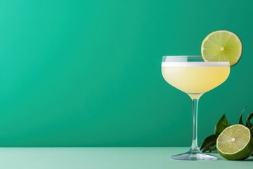 Pisco sour cocktail decorated with lime wheel on vibrant green background