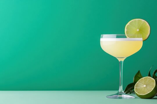 Pisco sour cocktail decorated with lime wheel on vibrant green background - Powered by Adobe