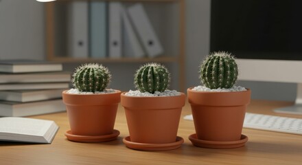 Three cacti in terracotta pots on wooden desk with books and computer