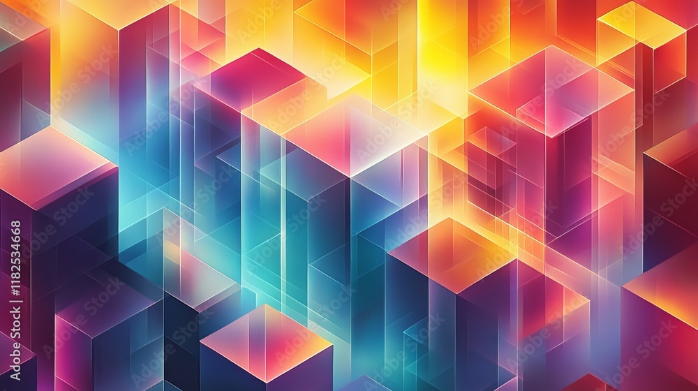 Poster colorful geometric cubes with vibrant neon gradient pattern in abstract design