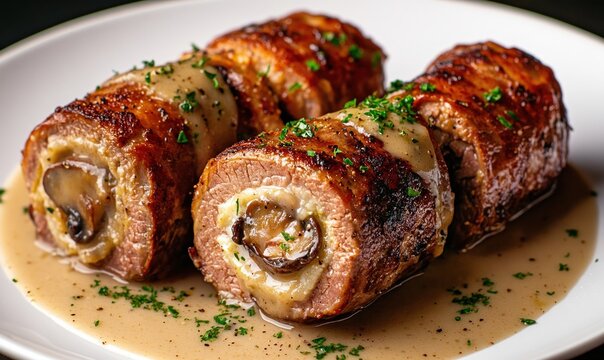 Savory zrazy roulades filled with mushrooms and served with rich gravy on a cream-colored plate