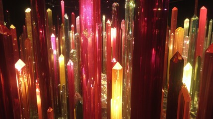 Luminous Crystal Forest,  Vibrant Red and Gold Gemstone Pillars
