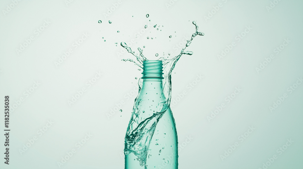 Poster glass water bottle splashing with clear liquid in a minimalistic setting during bright light. genera