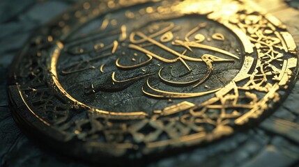 Intricate golden arabic calligraphy on ornate circular design