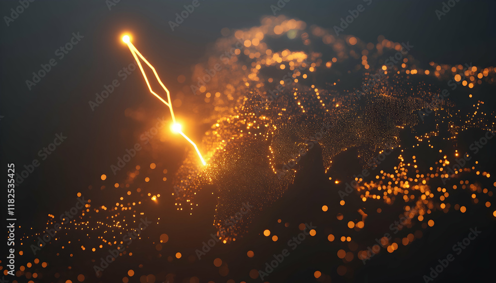 Poster lightning bolts connecting nodes on a global network map illustrating data flow -