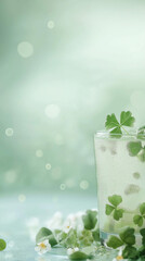 Celebrate the luck of the Irish! This festive St. Patrick’s Day background features a vibrant green hue, subtle bokeh effects, and classic holiday decorations, perfect for your designs and celebrate.