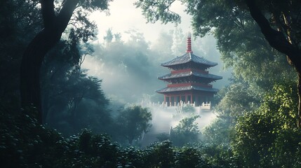 Ancient Pagoda Enveloped In A Misty Forest