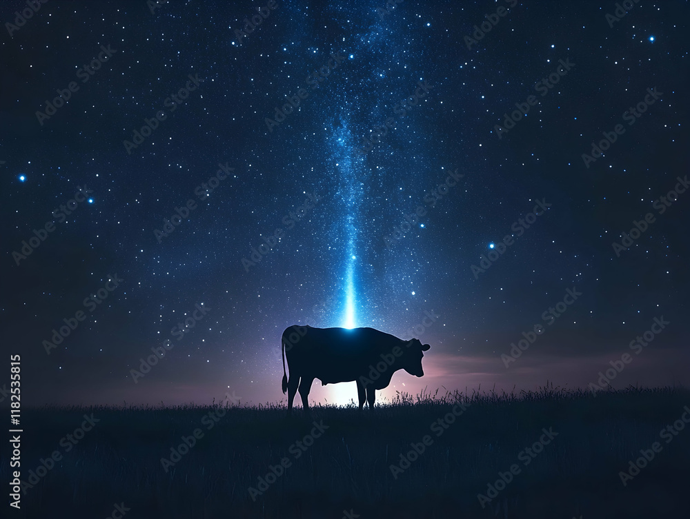 Poster lone cow in a field illuminated by a mysterious beam of light from a spacecraft under a starry sky -