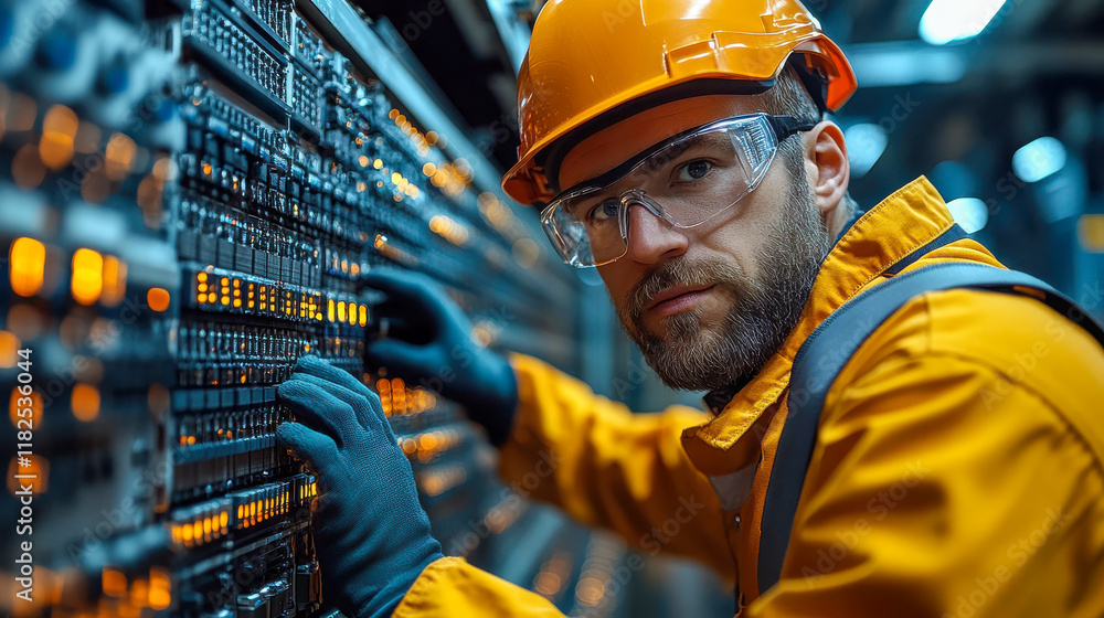 Aufkleber engineer in yellow uniform working on a data server in a high-tech facility, wearing a helmet and pr