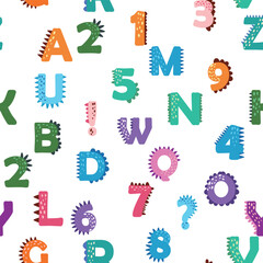ABC seamless pattern in simple cartoon style. Cute dinosaur alphabet print - hand drawn childish seamless pattern design. Digital paper.