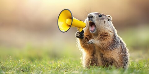 Enthusiastic Groundhog with Megaphone Celebrating Happy Groundhog Day.