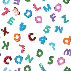ABC seamless pattern in simple cartoon style. Cute dinosaur alphabet print - hand drawn childish seamless pattern design. Digital paper.