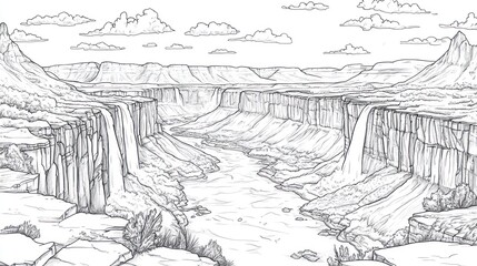 Canyon waterfalls sketch, desert landscape, coloring book page