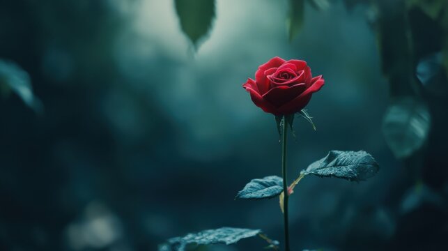 Elegant red rose, vibrant petals, lush green stem, symbol of love and beauty, perfect for romantic occasions and heartfelt gestures