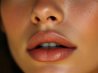 Obraz premium Glossy pink lips close-up, vibrant and alluring, showcasing flawless makeup and beauty.