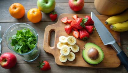 A colorful array of fresh fruits and vegetables is beautifully arranged on a wooden cutting board, showcasing a healthy lifestyle. The scene features ripe strawberries, sliced bananas, a halved