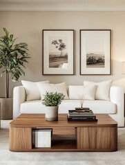 Fototapeta premium Living room interior, neutral color palette, white sofa, wooden coffee table, potted olive tree, minimalist wall art, textured wallpaper, natural light, cozy atmosphere, Scandinavian design influence,