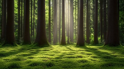 Obraz premium Sunlight filters through tall trees in a serene forest setting during midday