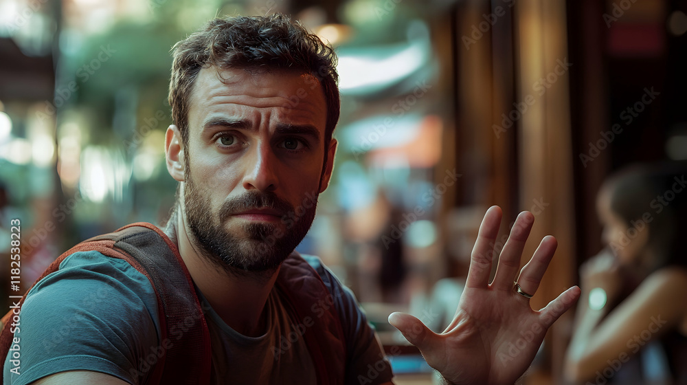 Poster man refusing alcohol by showing a stop hand gesture, symbolizing health consciousness and the decisi