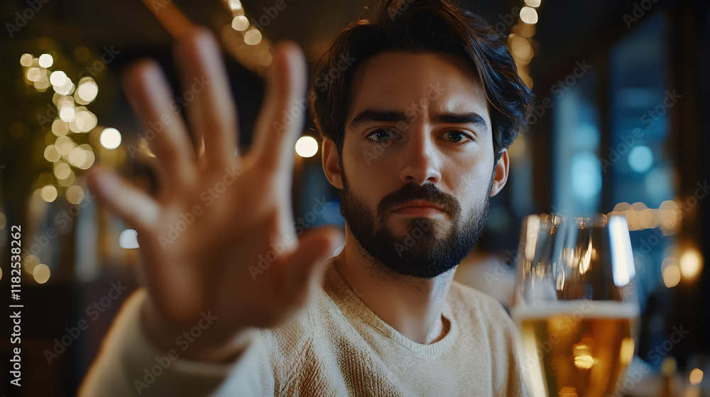 Poster man refusing alcohol by showing a stop hand gesture, symbolizing health consciousness and the decisi
