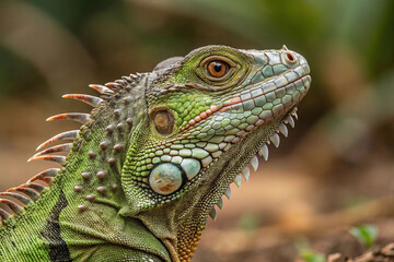 Fototapeta premium Close-up of a vibrant green iguana's head and neck, showcasing its scales and textures.