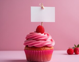Raspberry cupcake mockup with pink frosting swirl and blank flag for branding or customization.