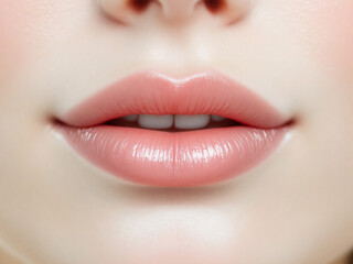 Glossy pink lips close-up, vibrant and alluring, showcasing flawless makeup and beauty.
