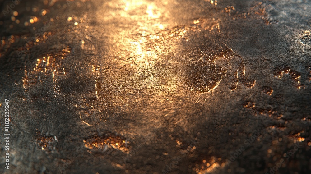 Poster reflection of light on a textured metallic surface revealing intricate patterns during sunset