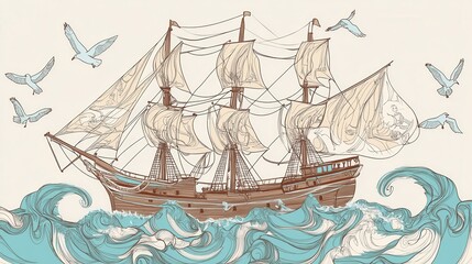 Majestic Vintage Sailing Ship Artwork on the Ocean Waves: A Detailed Line Art Illustration