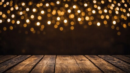 Rustic wood board mockup surface with gold bokeh lights and dark wall background
