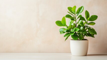 Fototapeta premium Vibrant green plant in cream pot against neutral wall background