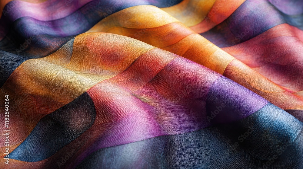 Poster soft flowing ribbon patterns in harmonious colors textile art showcase indoor setting close-up view