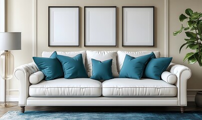 Sophisticated Monochrome Accent, A white sofa with teal pillows