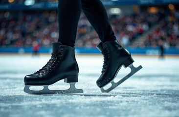 Close-up of a figure skater's black skates on the stadium ice.