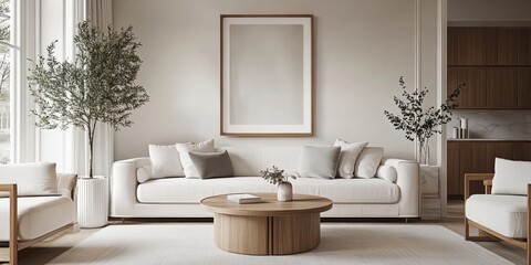 Living room interior, neutral color palette, white sofa, wooden coffee table, potted olive tree, minimalist wall art, textured wallpaper, natural light, cozy atmosphere, Scandinavian design influence,