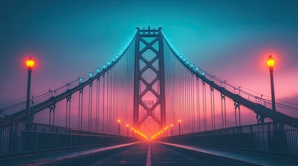 Fototapeta premium Majestic suspension bridge illuminated by colorful lights at twilight