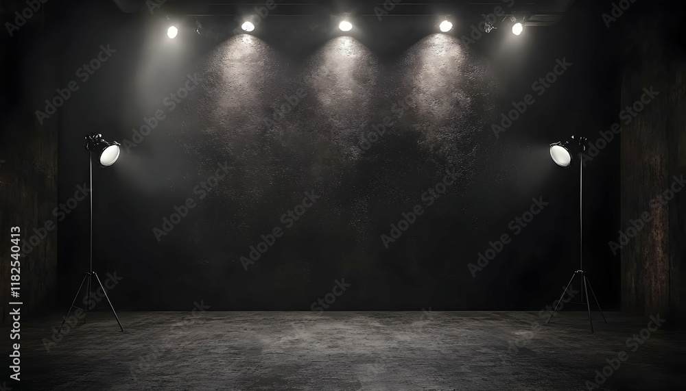Poster minimalistic studio setup with spotlights on a textured dark wall -