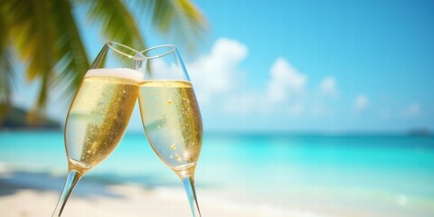 Celebrate International Women's Day with a toast! Enjoy a moment of joy and appreciation in a beautiful beach setting with sparkling champagne flutes.