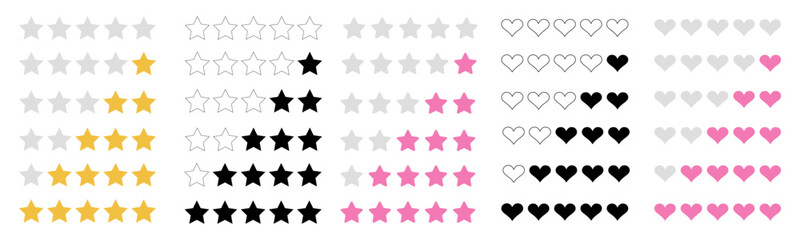 Vector set of rating and vote icons with stars and hearts. Quality review symbols for evaluation and ranking. Flat design elements for UI, app interface, and web classification.