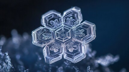 Intricate, six-pointed snowflake crystal on dark blue background.