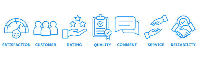 Feedback icon set illustration concept with icon of satisfaction, customer, rating, quality, comment, service, reliability	

