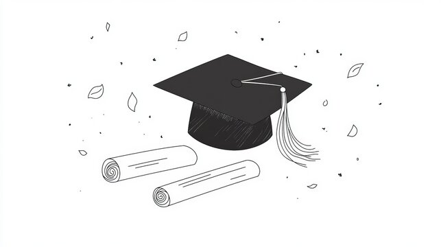 Graduation cap and diplomas in black and white illustration with falling leaves