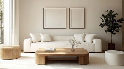 Living room interior, neutral color palette, white sofa, wooden coffee table, potted olive tree, minimalist wall art, textured wallpaper, natural light, cozy atmosphere, Scandinavian design influence,
