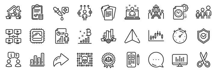 Teamwork chart, Cut and Business report line icons pack. Share, Message, Paper plane icons. Bitcoin graph, Project deadline, Timer web icon. Vector