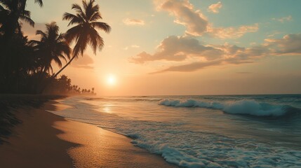 Golden Hour Beach Bliss: A Tropical Paradise Sunset Painting the Coastal Scene