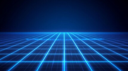 Glowing blue grid on dark background with futuristic digital landscape