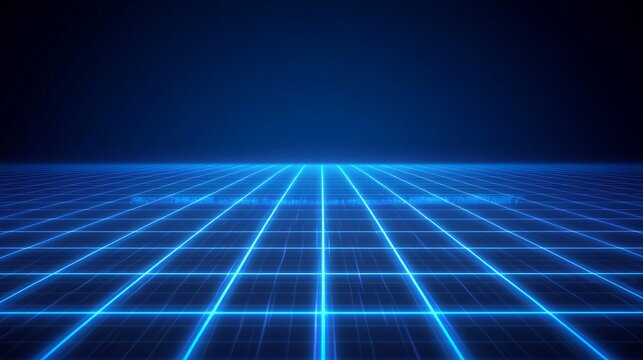 Glowing blue grid on dark background with futuristic digital landscape