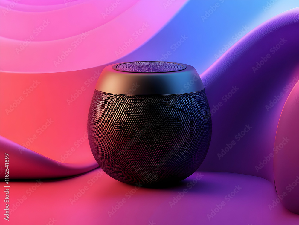 Poster modern speaker with sleek design displayed against a vibrant background for a dynamic visual effect 