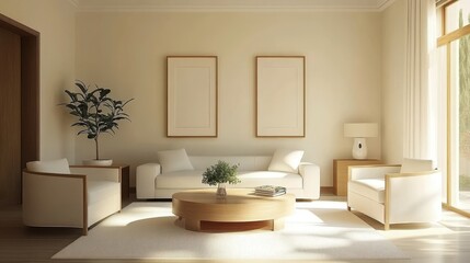 Living room interior, neutral color palette, white sofa, wooden coffee table, potted olive tree, minimalist wall art, textured wallpaper, natural light, cozy atmosphere, Scandinavian design influence,